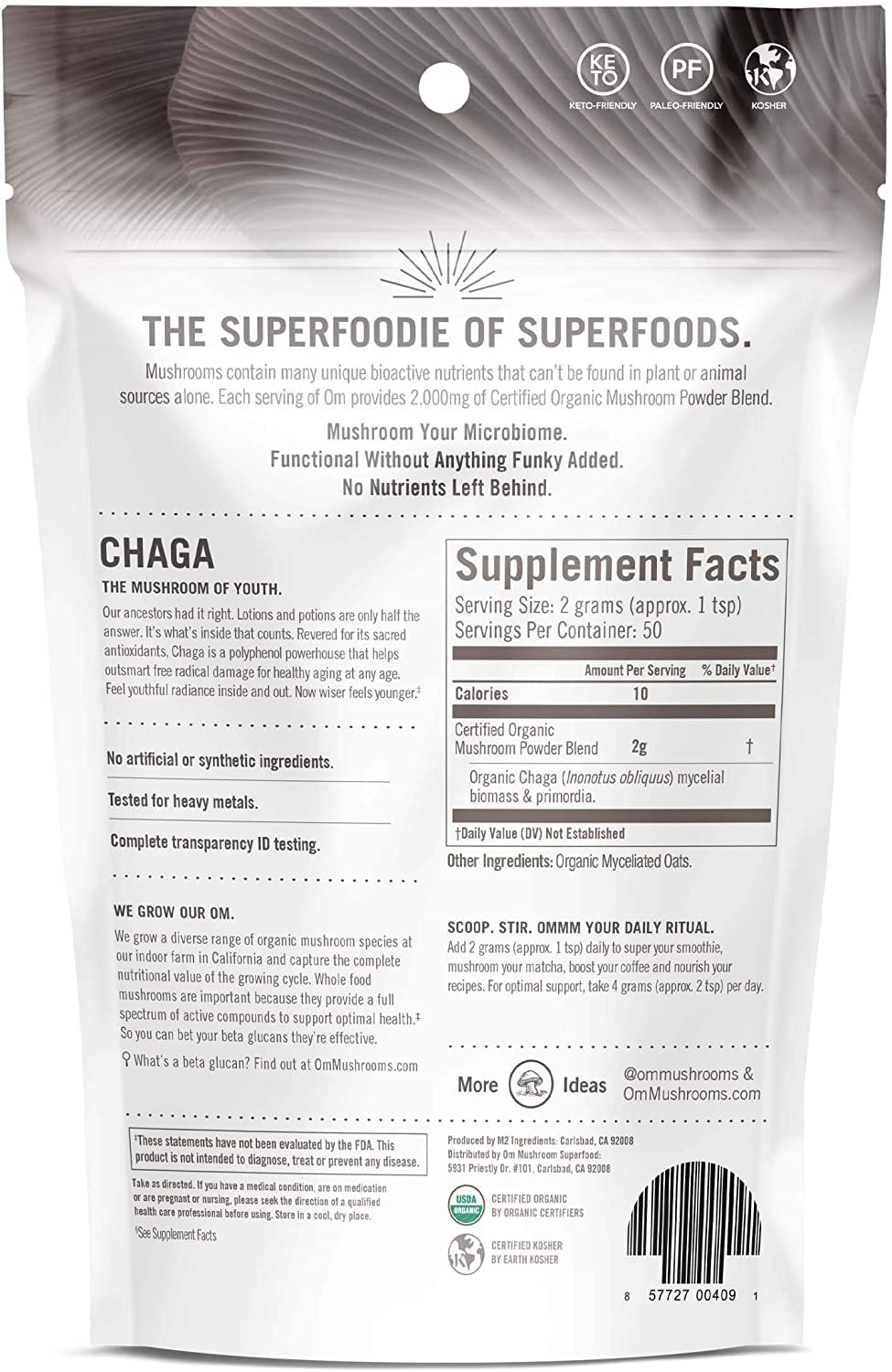OM Mushroom Superfood Chaga us-grown packaging highlights quality controls and local sourcing.