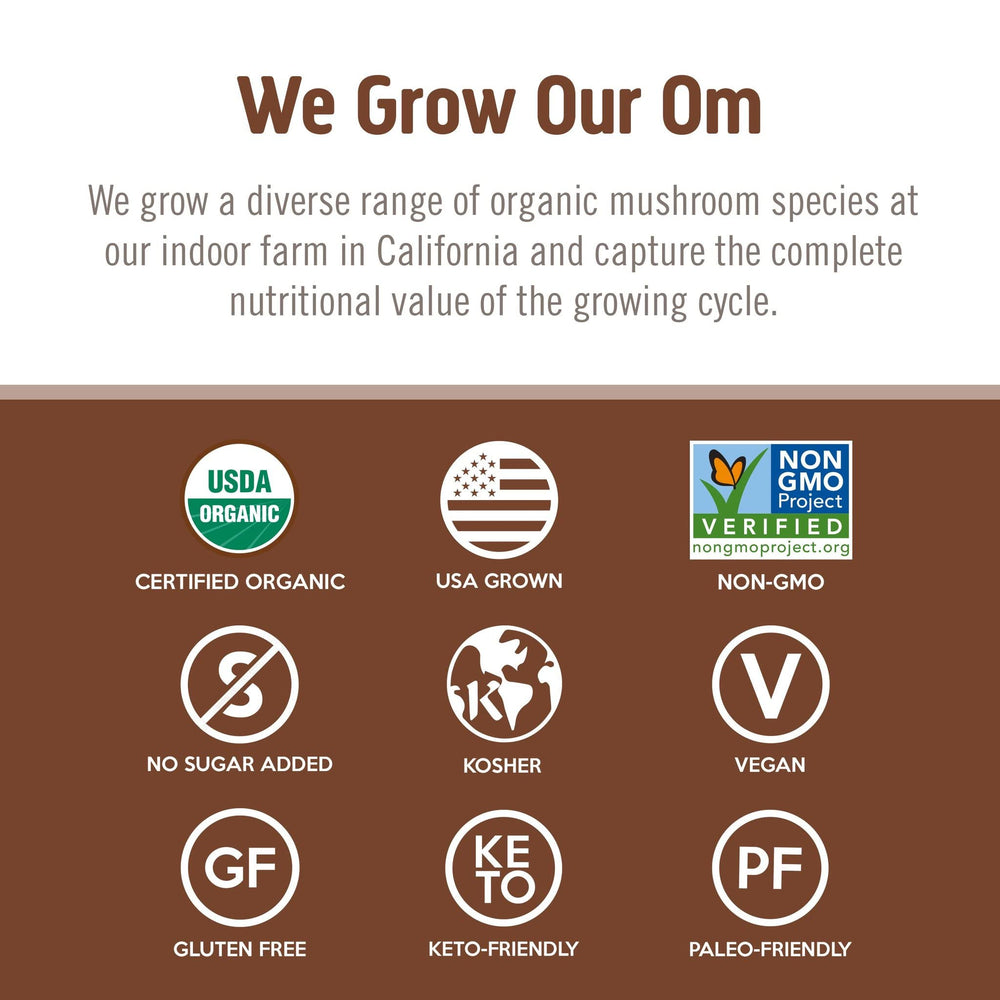 Organic certifications and clean label on the OM Mushroom packaging