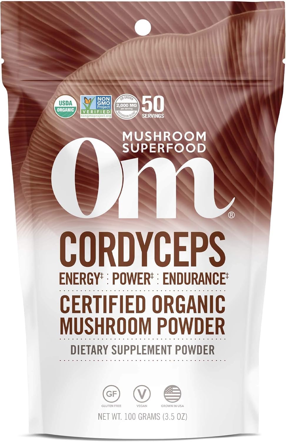 OM Mushroom Cordyceps powder bottle highlights organic energy and endurance support.