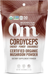 OM Mushroom Cordyceps powder bottle highlights organic energy and endurance support.