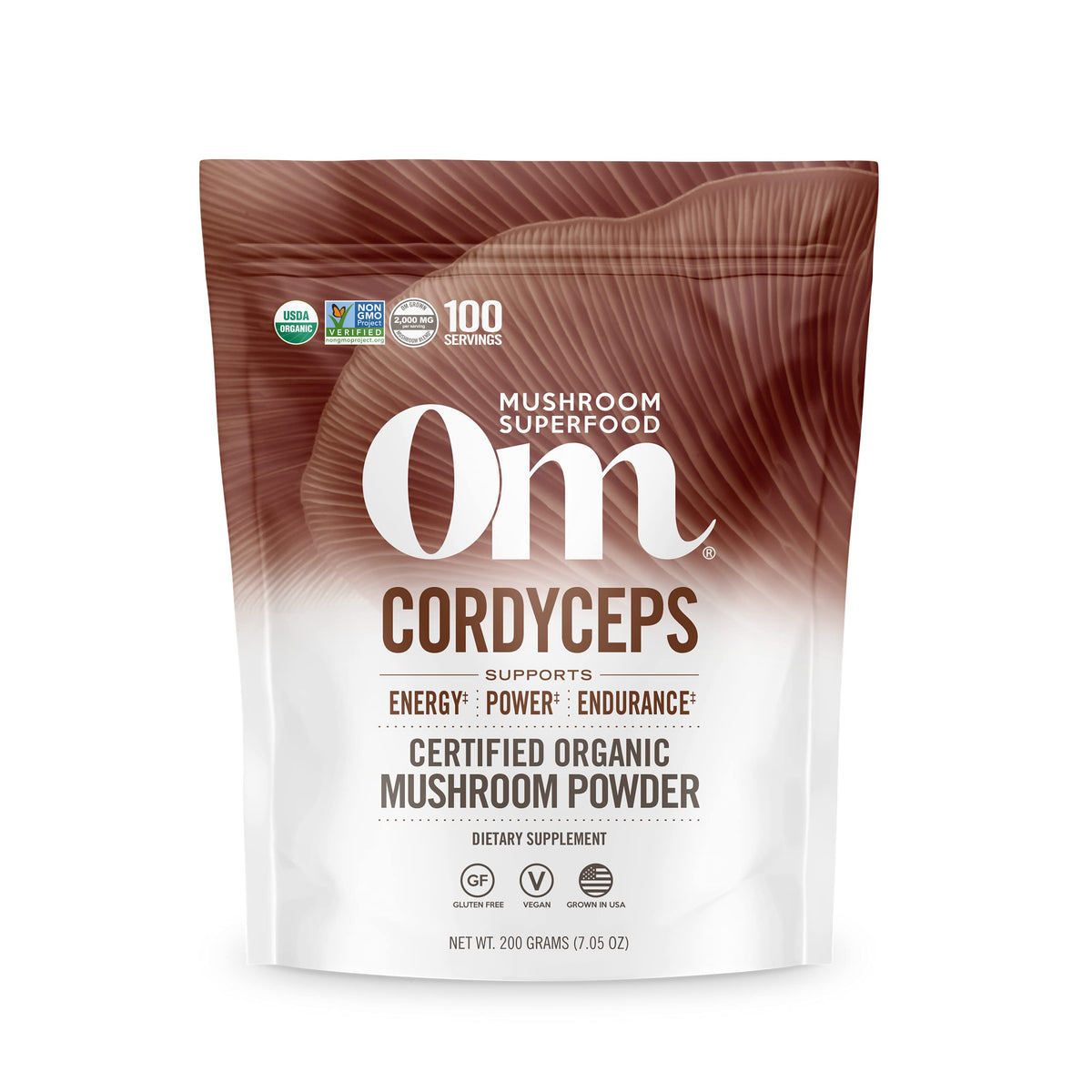 OM Mushroom Cordyceps powder container shows organic packaging and full-spectrum formula