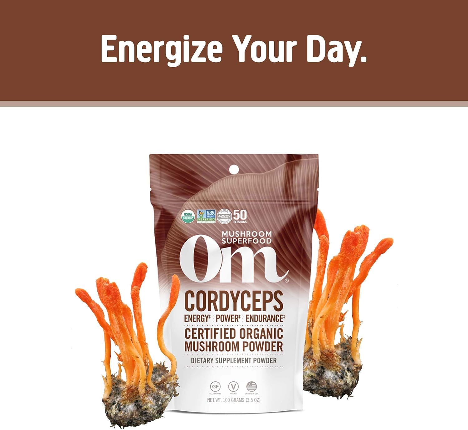 Cordyceps powder being stirred into water suggests a quick, natural energy boost.
