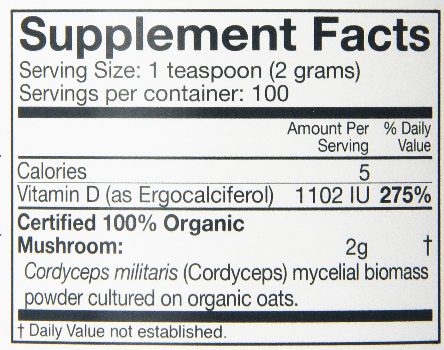 Label of OM Mushroom Cordyceps powder promoting organic non-GMO quality