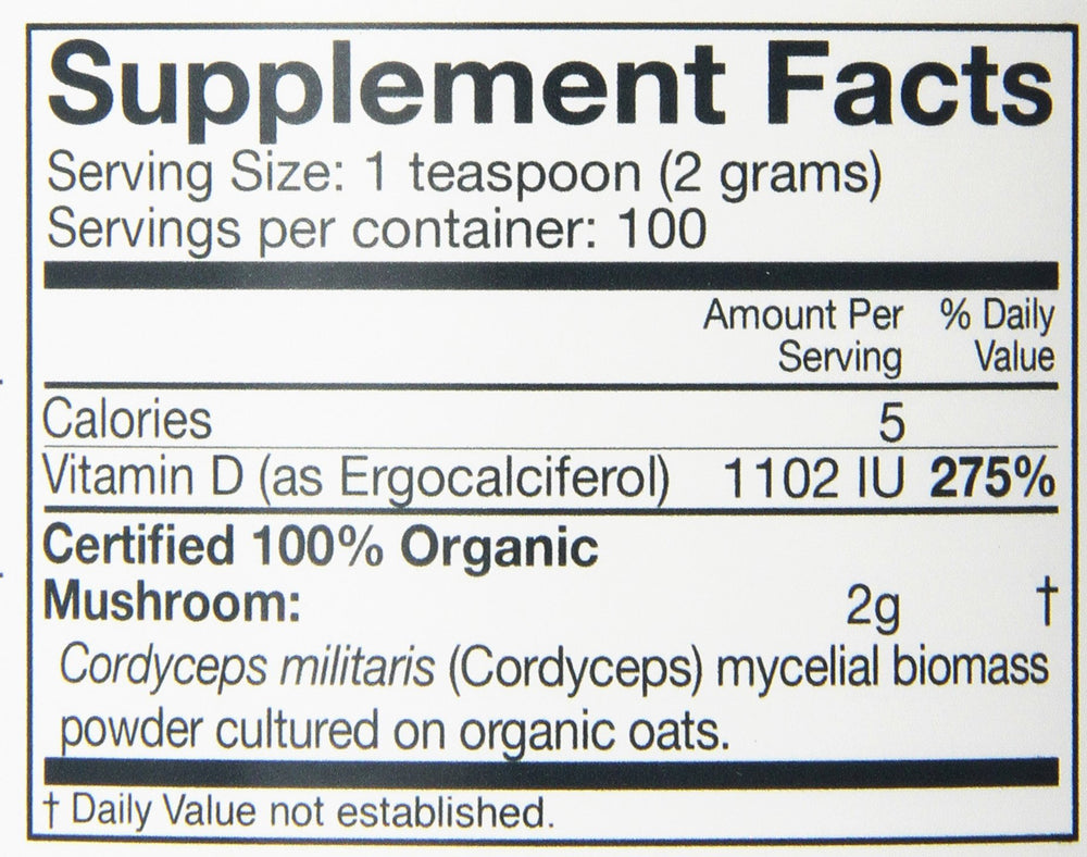 Label of OM Mushroom Cordyceps powder promoting organic non-GMO quality