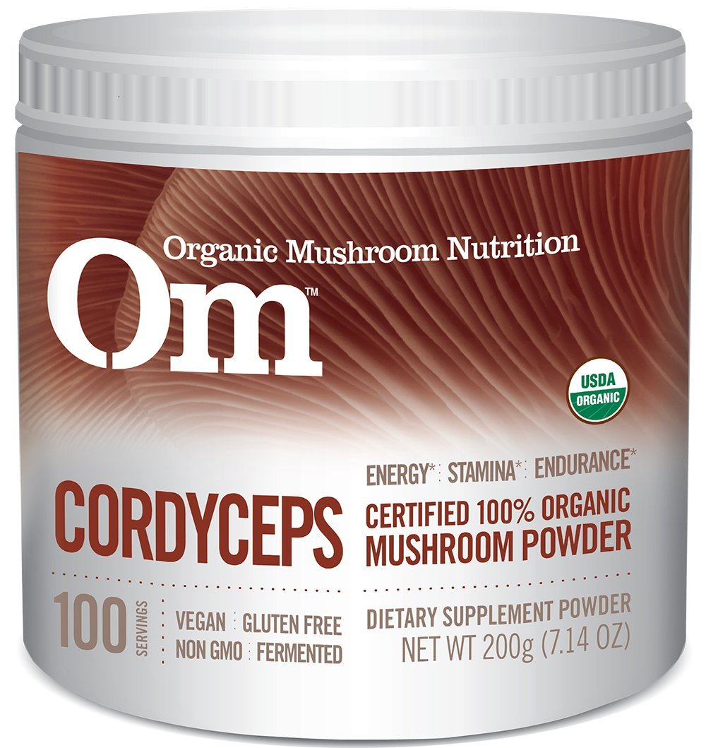 OM Mushroom Cordyceps powder tub front showing energy support formula