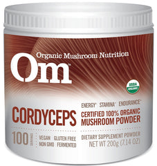OM Mushroom Cordyceps powder tub front showing energy support formula