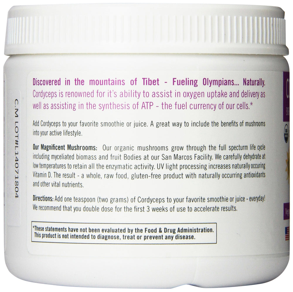 Ingredients panel on OM Cordyceps powder for endurance benefits