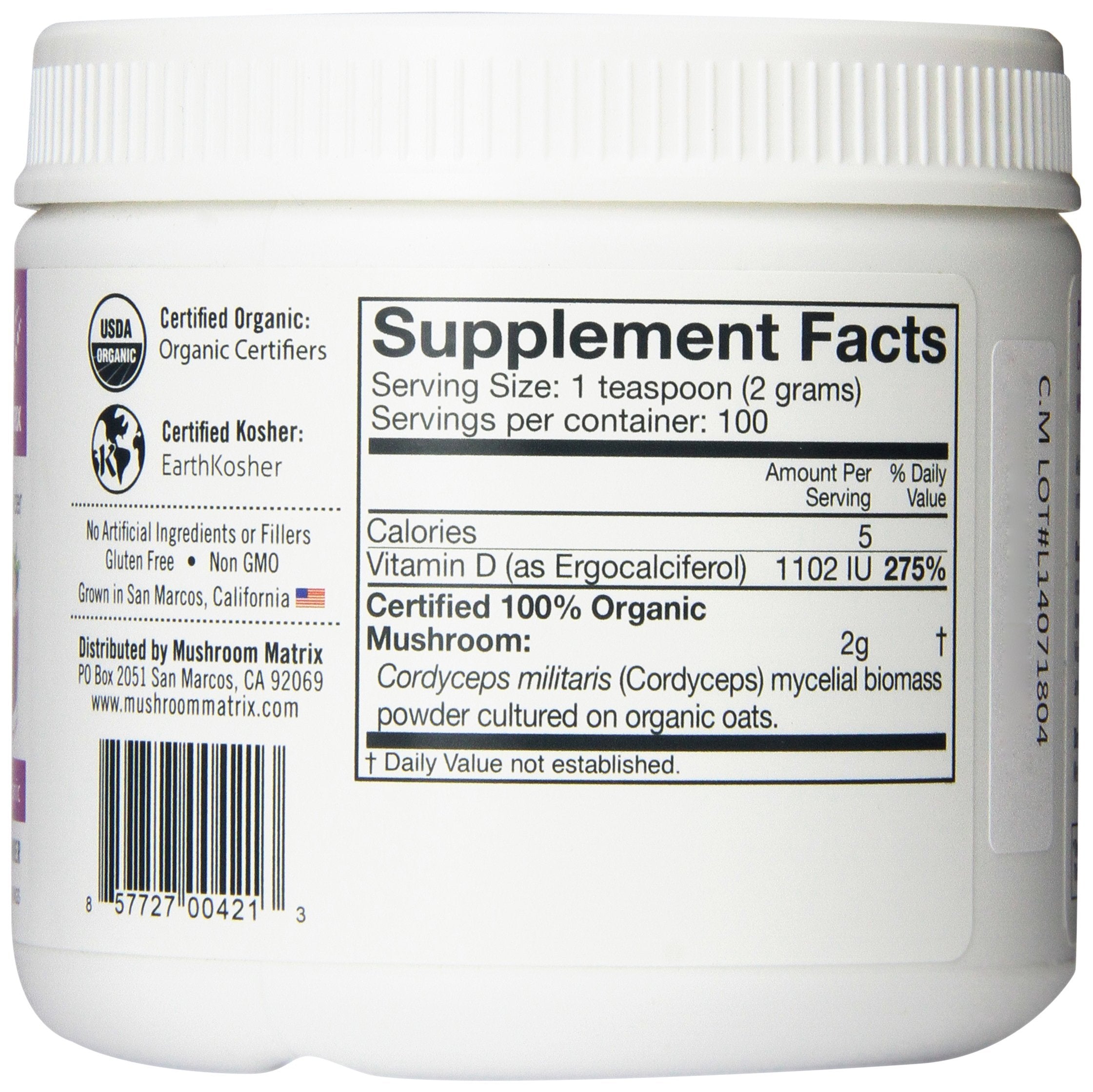 Side view of OM Mushroom Cordyceps jar highlighting vegan gluten-free certification