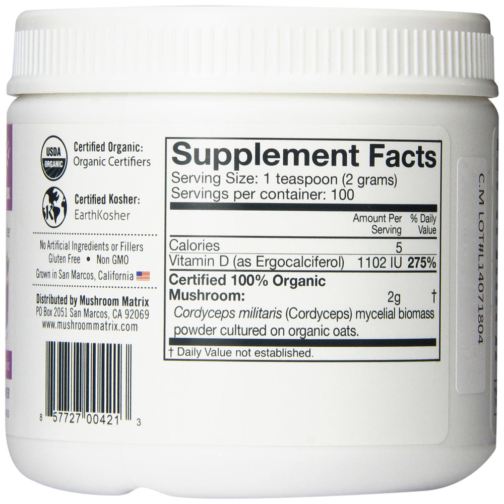 Side view of OM Mushroom Cordyceps jar highlighting vegan gluten-free certification
