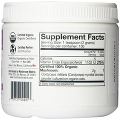 Side view of OM Mushroom Cordyceps jar highlighting vegan gluten-free certification