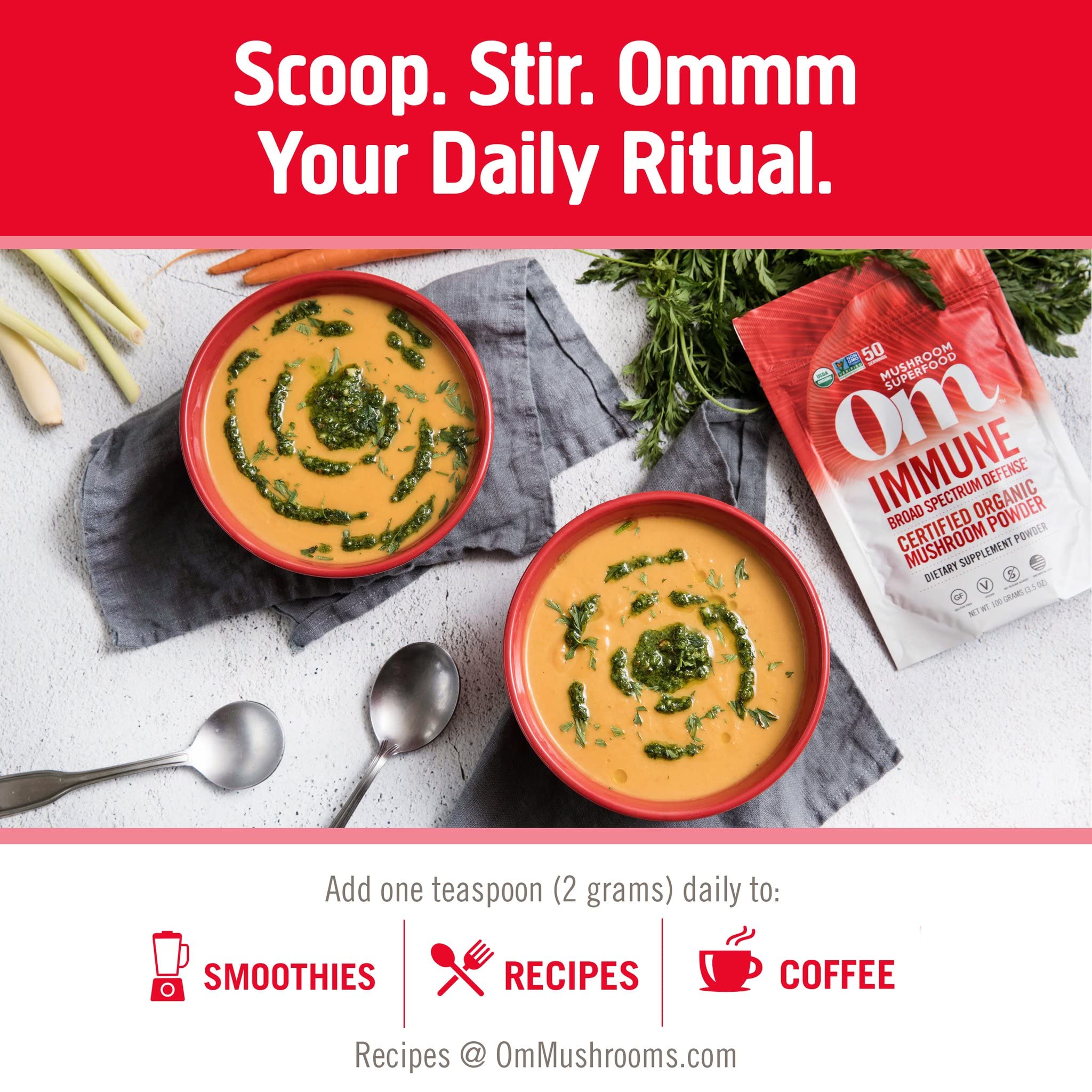 Organic label on OM Mushroom Superfood emphasizes clean sourcing.