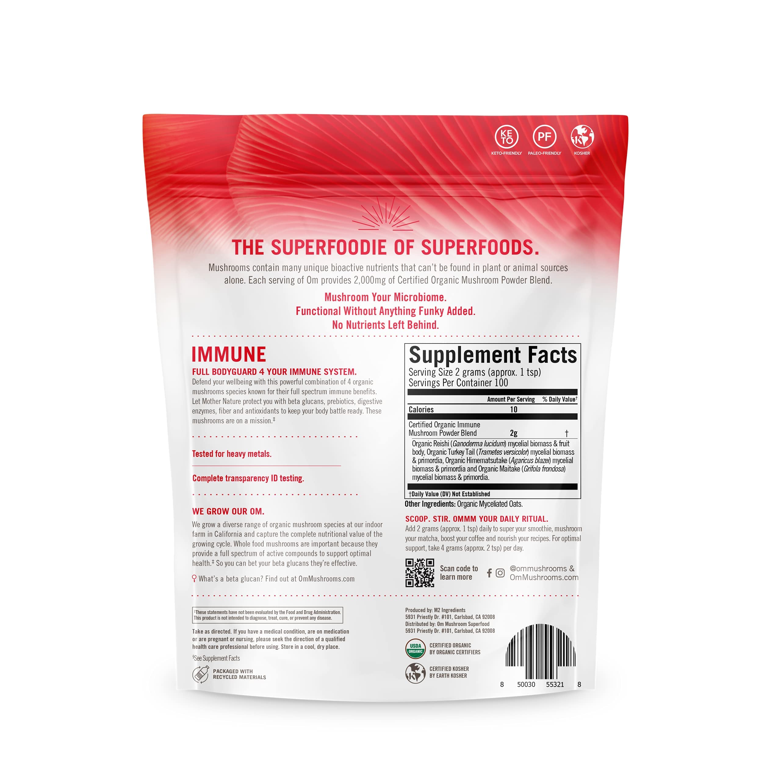 Pouch seal of OM Mushroom Superfood signals easy daily use.