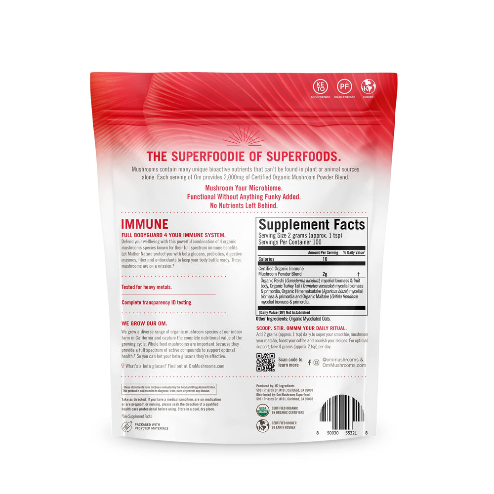 Pouch seal of OM Mushroom Superfood signals easy daily use.
