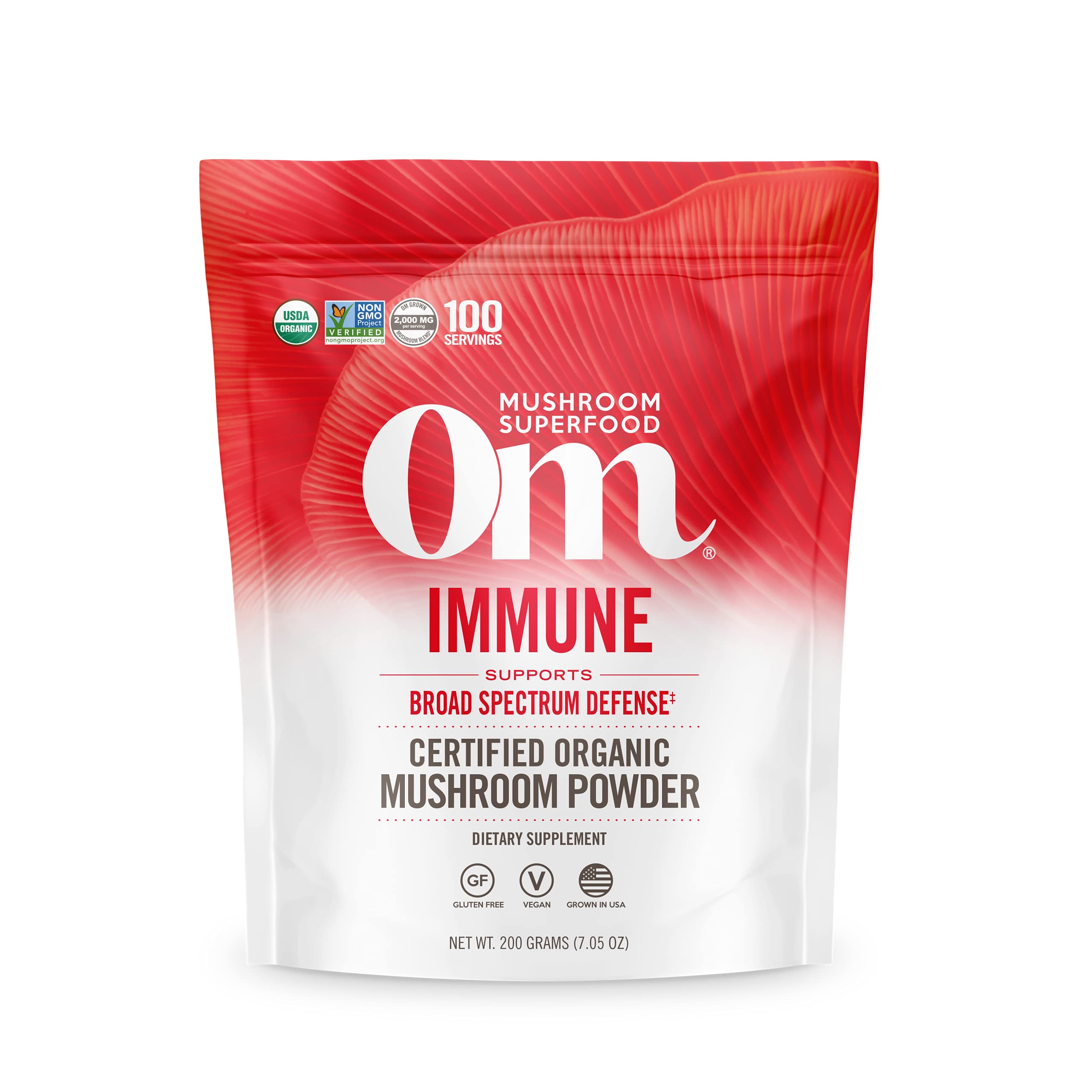 OM Mushroom Superfood powder in a pouch for daily immune wellness.