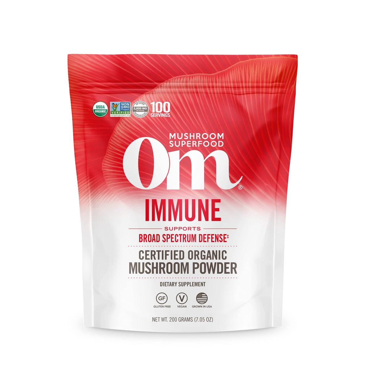OM Mushroom Superfood powder in a pouch for daily immune wellness.