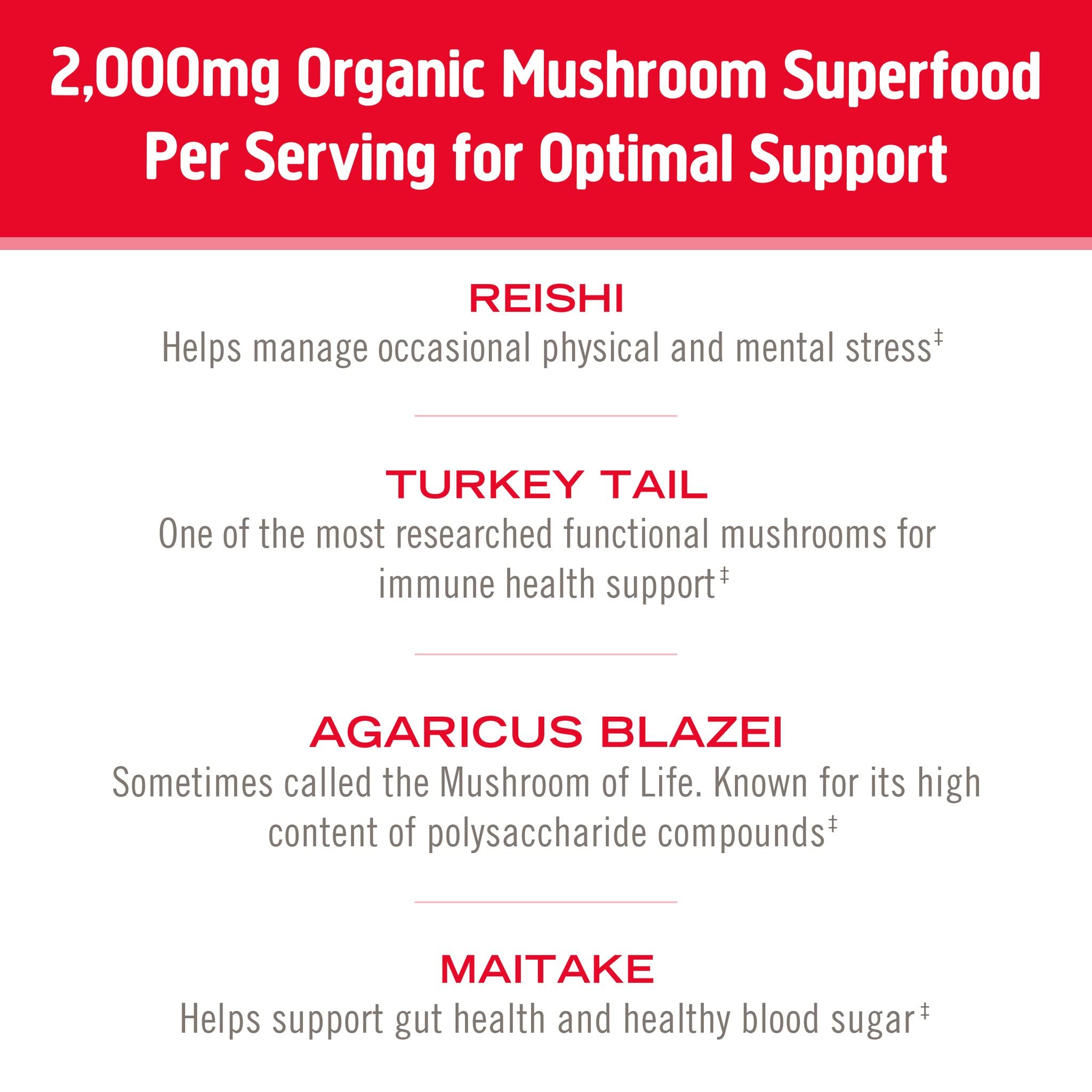 Seven-species blend image from OM Mushroom Superfood for flavor variety.