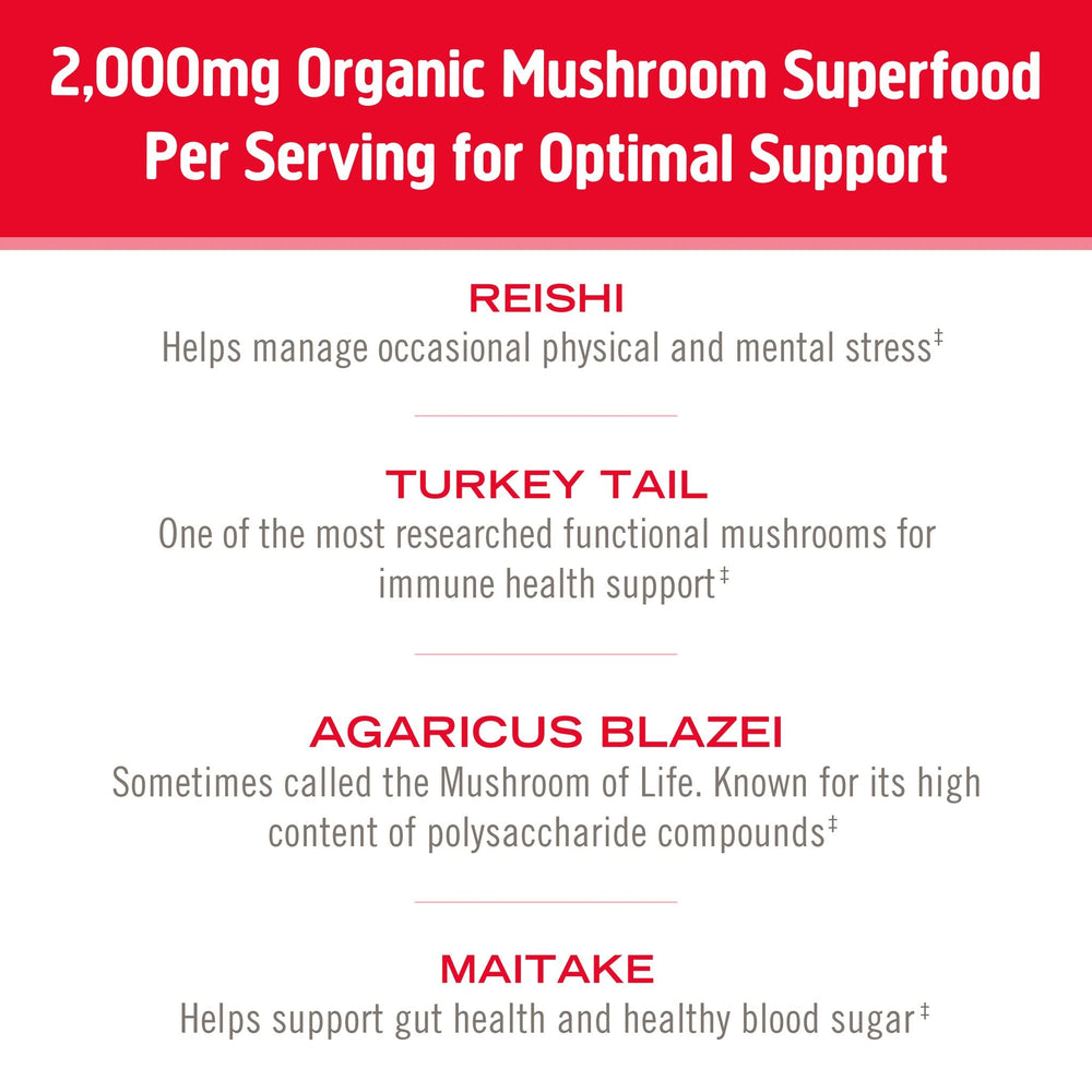 Seven-species blend image from OM Mushroom Superfood for flavor variety.