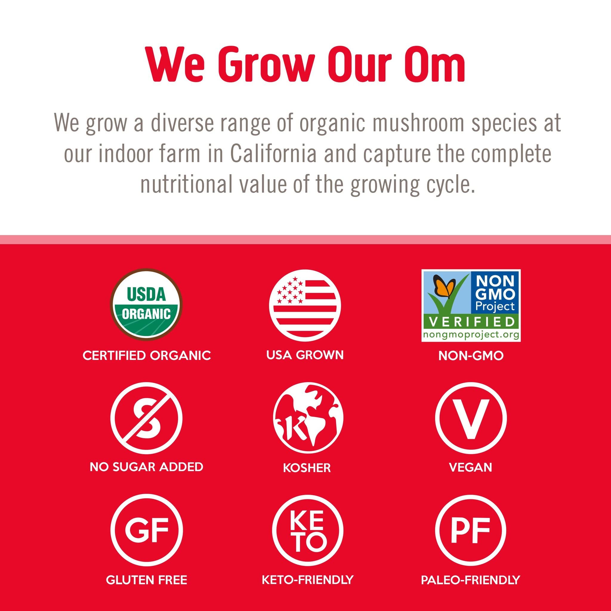Vegan gluten-free badge on OM Mushroom Superfood packaging.