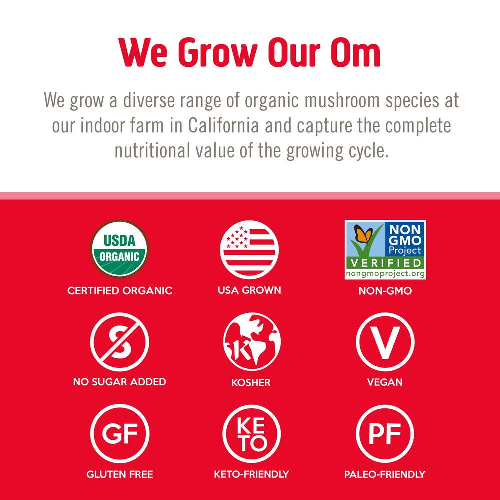 Vegan gluten-free badge on OM Mushroom Superfood packaging.