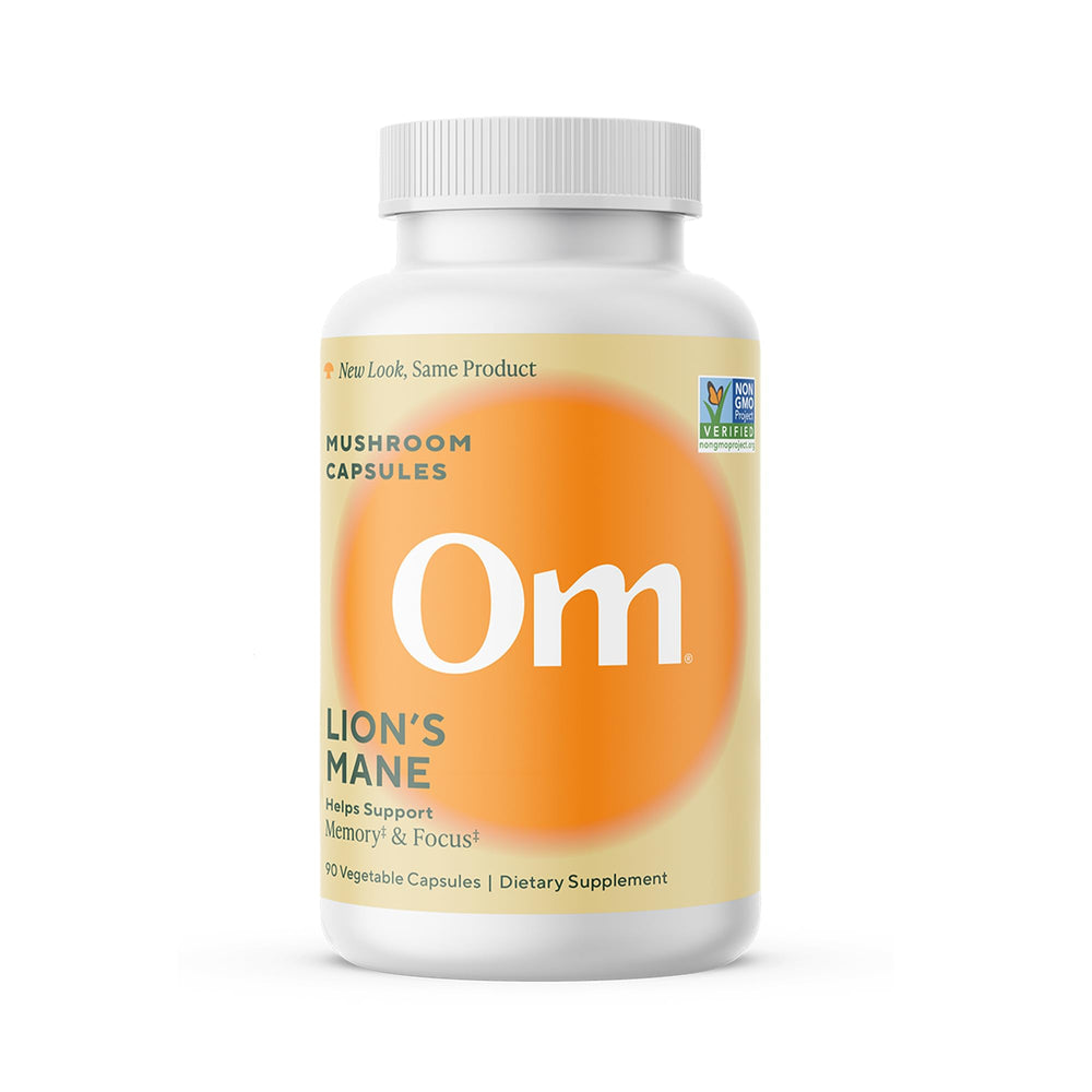 OM Mushroom Lion's Mane capsules bottle front signaling memory and focus support