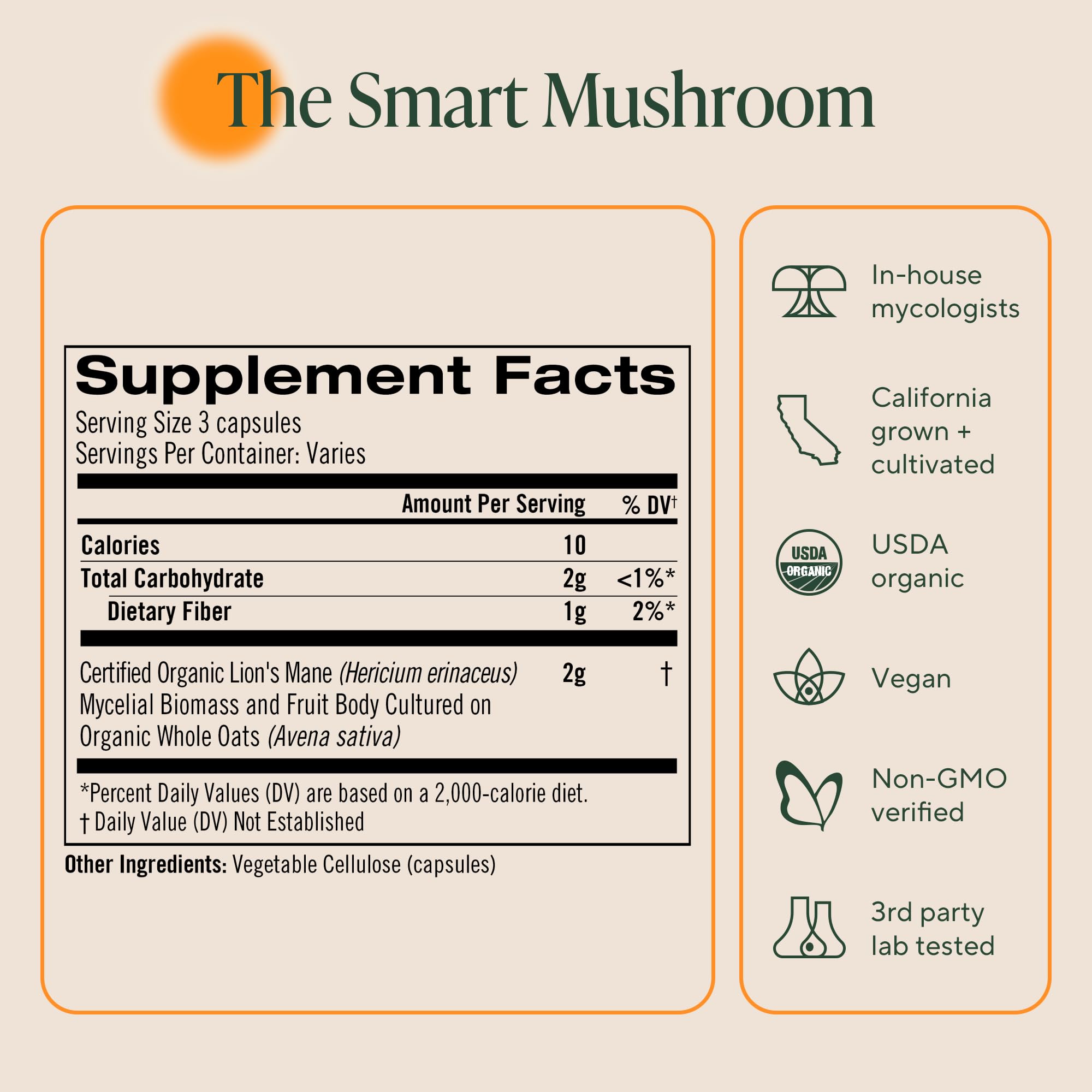 OM Mushroom Lion's Mane label closeup with clean design and branding