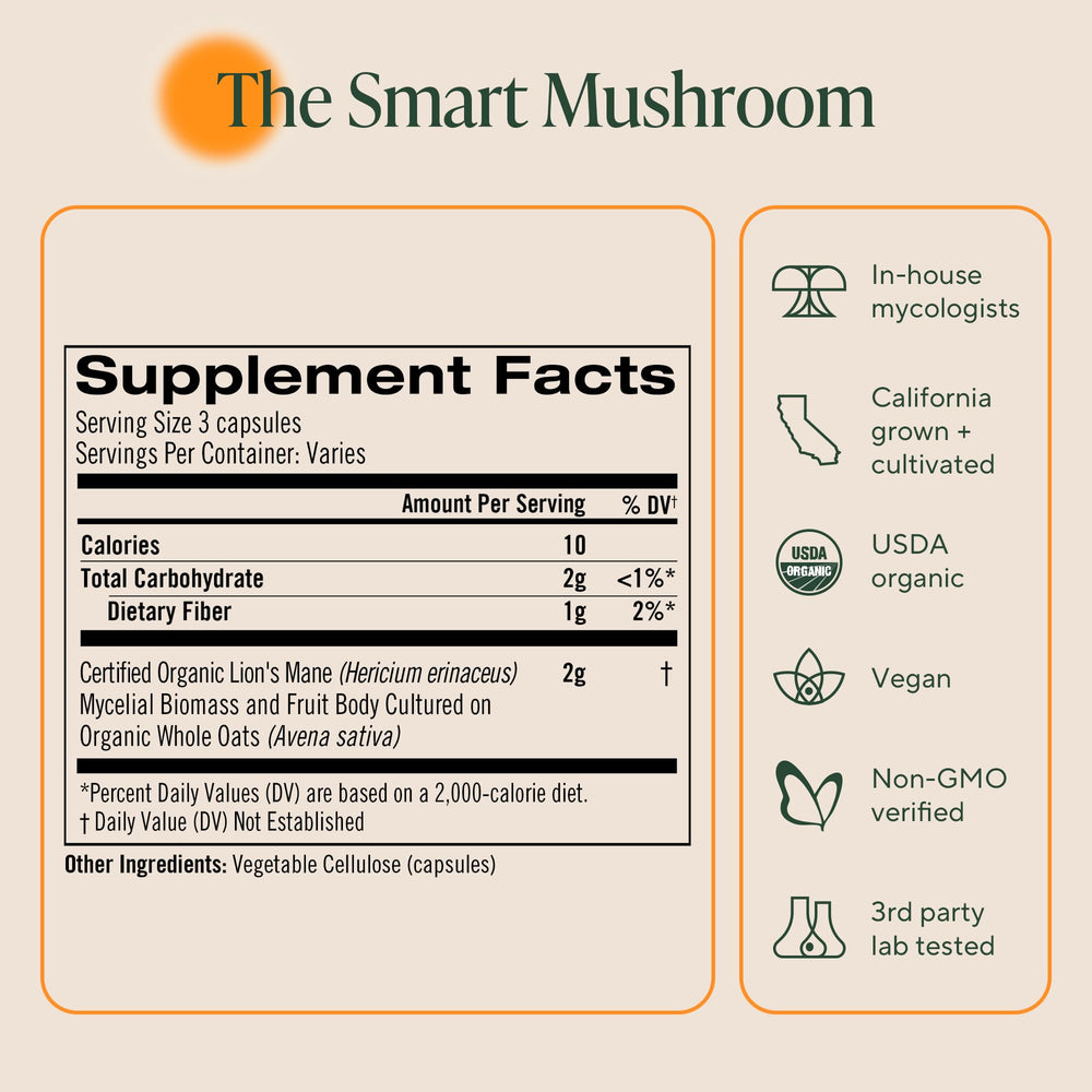 OM Mushroom Lion's Mane label closeup with clean design and branding