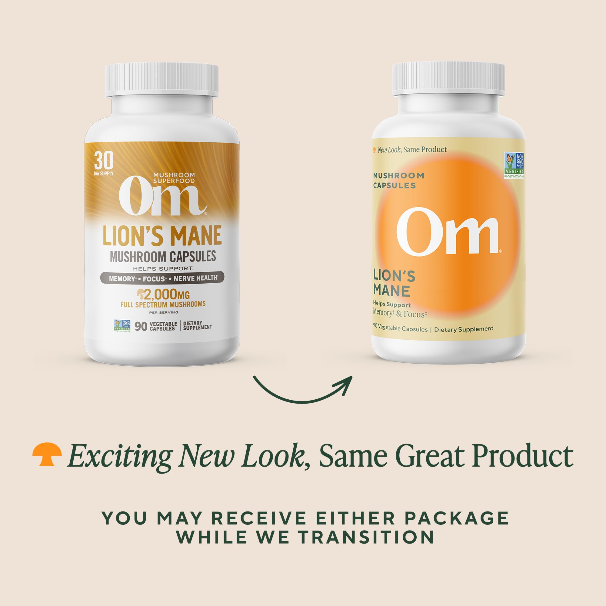 OM Mushroom Lion's Mane packaging box highlighting organic mushroom origin