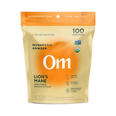 OM Mushroom Lion’s Mane powder bottle front supports memory and focus.
