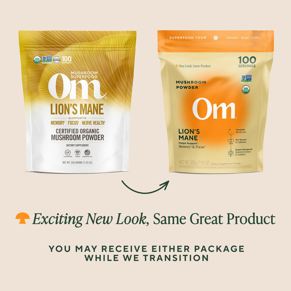 OM Mushroom Lion’s Mane powder used in smoothie or coffee.
