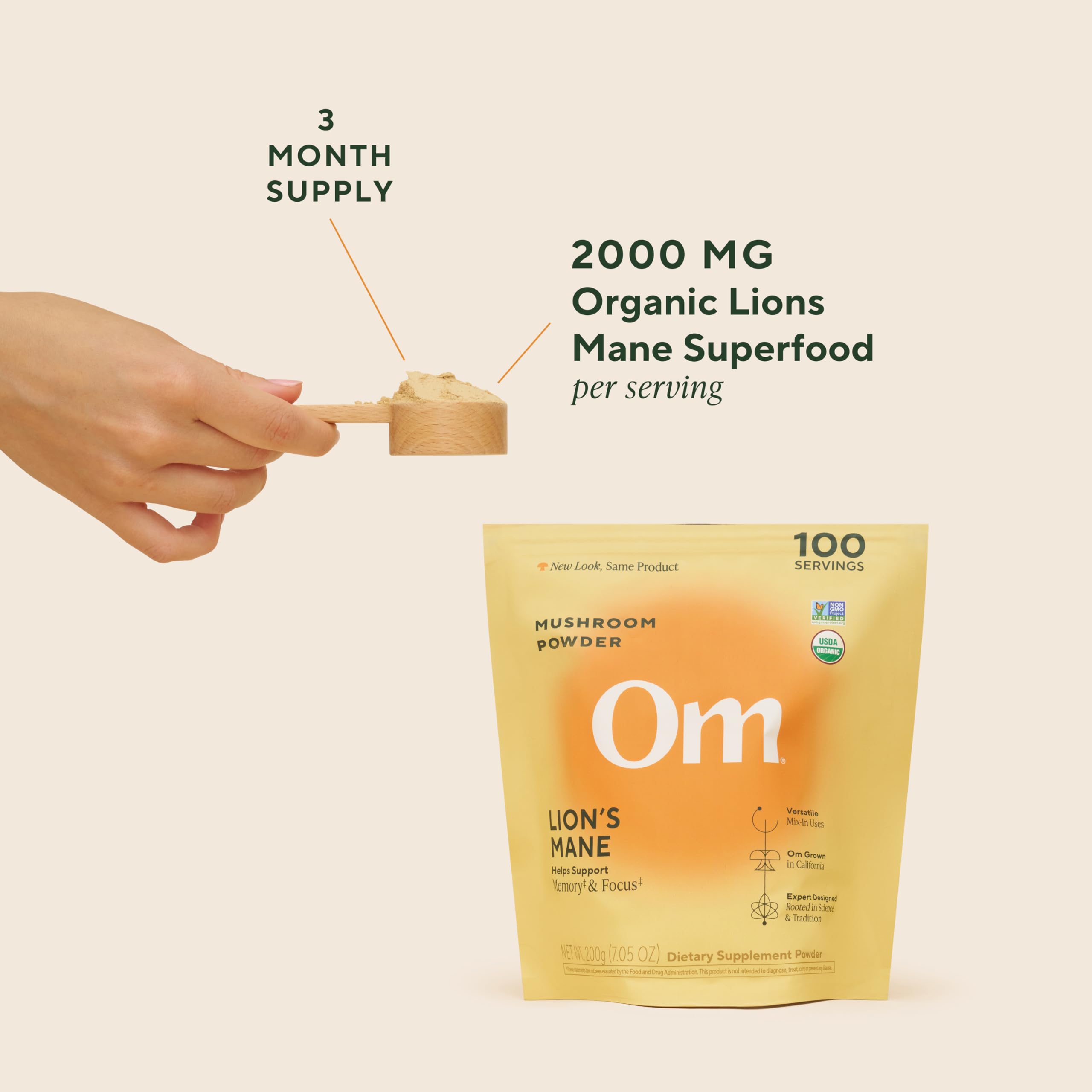 OM Mushroom Lion’s Mane powder package label highlighting organic ingredients.
