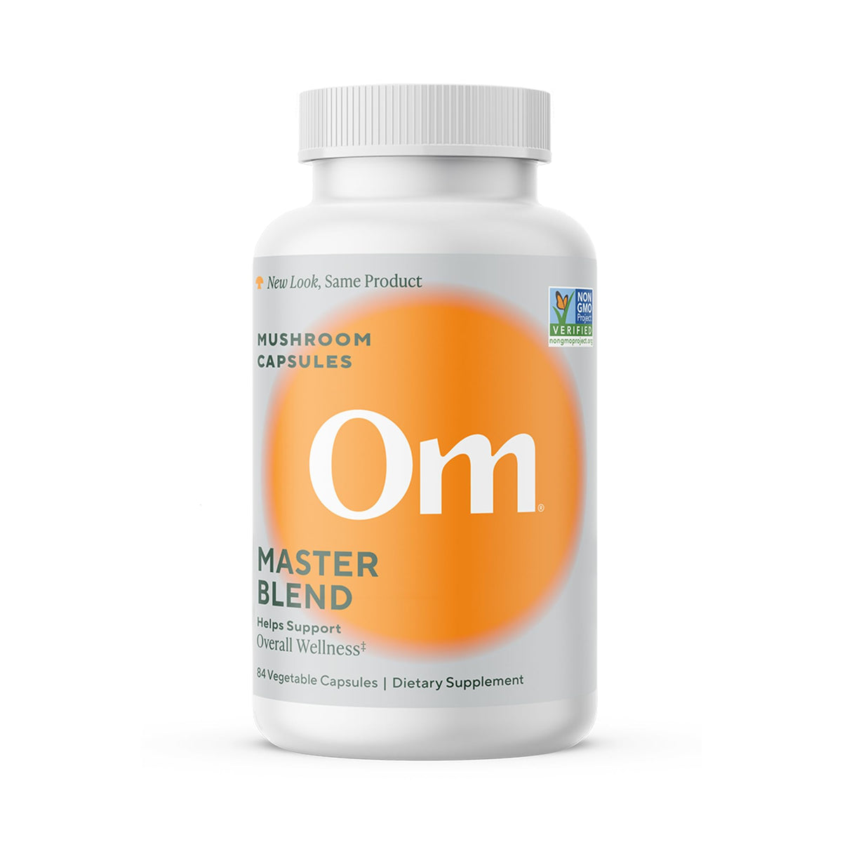 OM Mushroom Master Blend bottle front with capsules for daily immune and gut support.