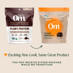 OM Mushroom Master Blend chocolate protein scoop measures servings for smoothies