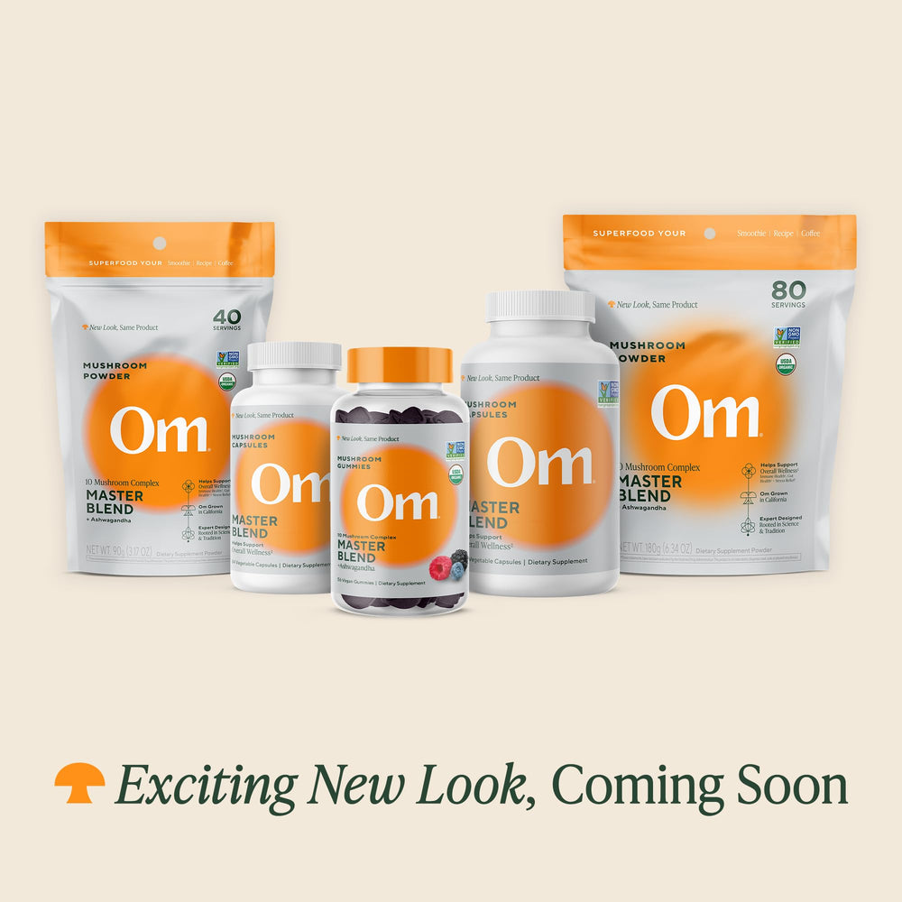 Gift-ready OM Mushroom Master Blend packaging box on display for gifting wellness.