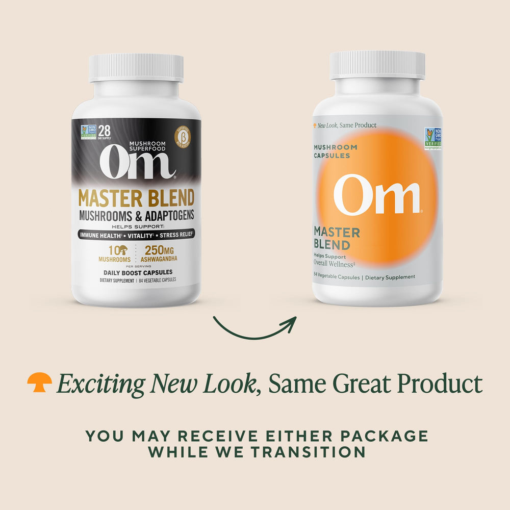 Serving spoon beside OM Mushroom Master Blend capsules for a simple daily routine.