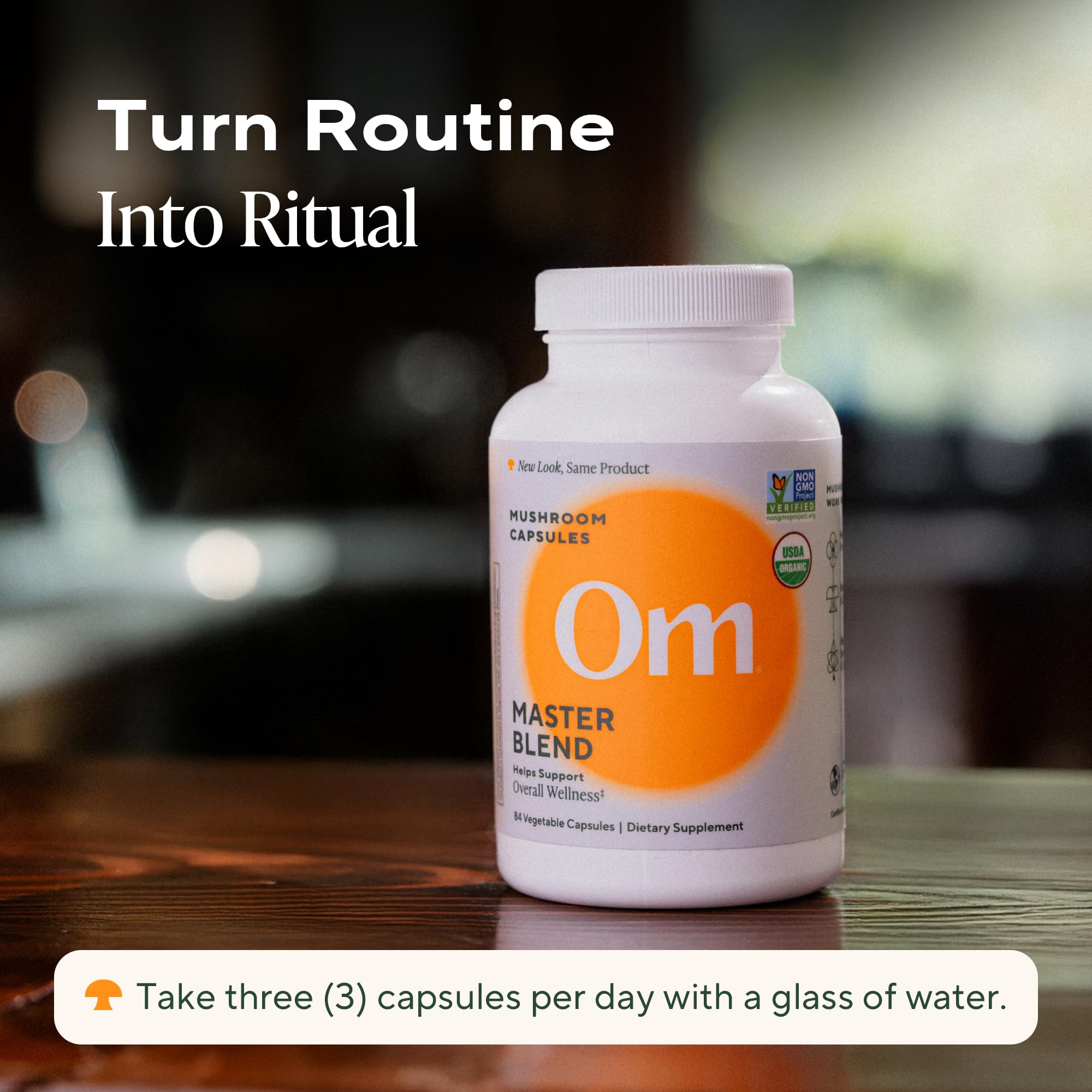 Open OM Mushroom Master Blend tub ready for your daily supplement routine.