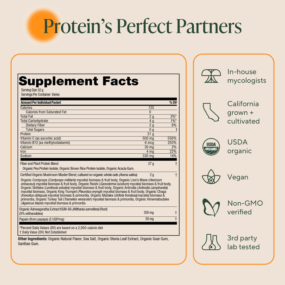 OM Mushroom Superfood Master Blend vanilla bag with Ashwagandha and BCAAs.