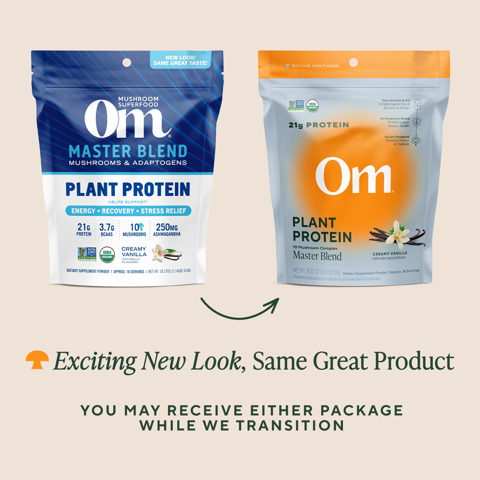 OM Mushroom Superfood Master Blend vanilla protein bag highlighting organic mushroom complex.
