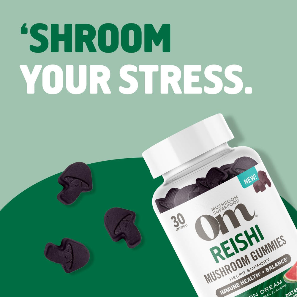 Organic label on OM Mushroom Reishi Gummies emphasizes vegan, non-GMO ingredients.