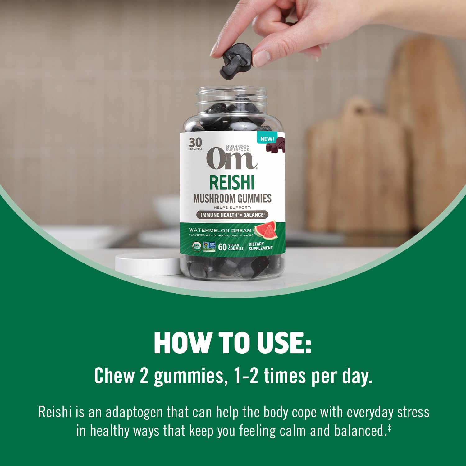 Eco-friendly packaging of OM Mushroom Reishi Gummies supports sustainable choices.