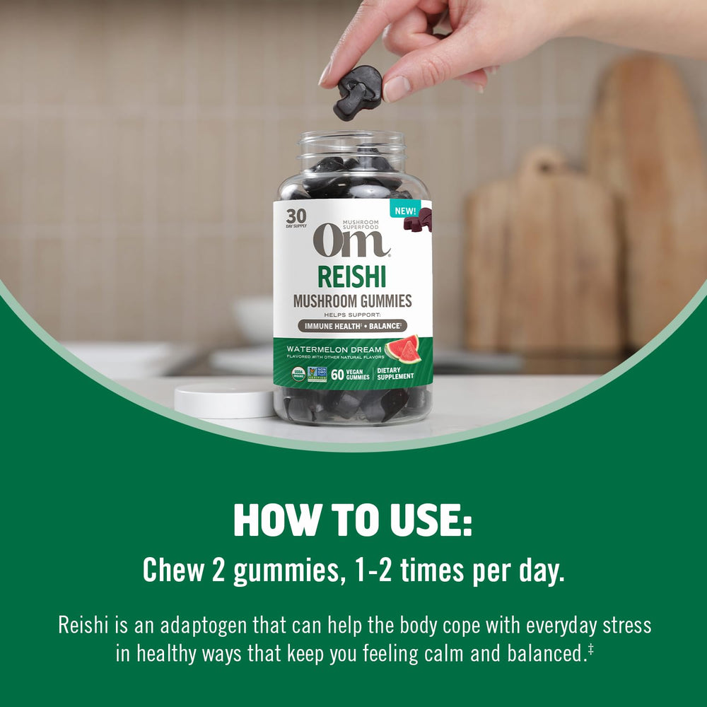 Eco-friendly packaging of OM Mushroom Reishi Gummies supports sustainable choices.