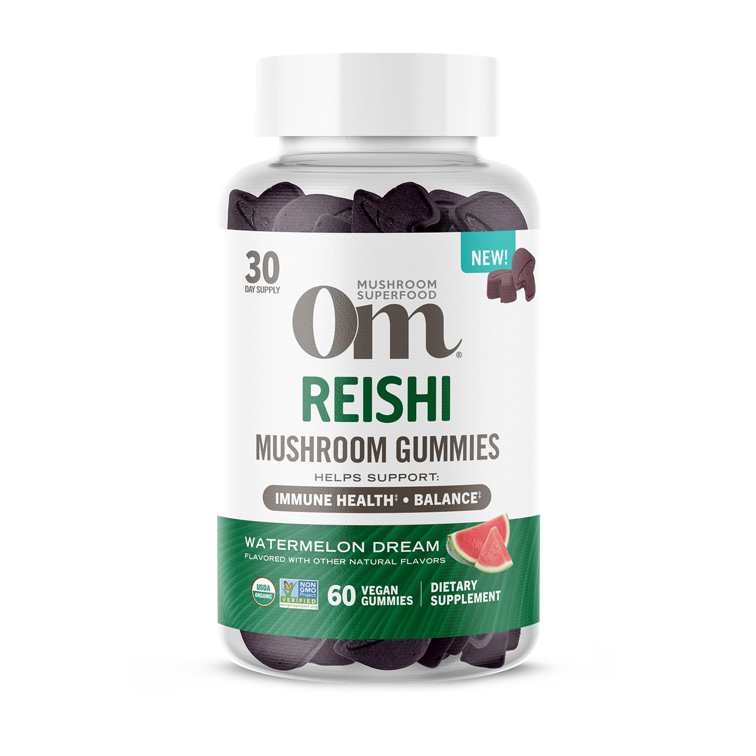 OM Mushroom Reishi Gummies watermelon bottle promoting daily balance and immune wellness.