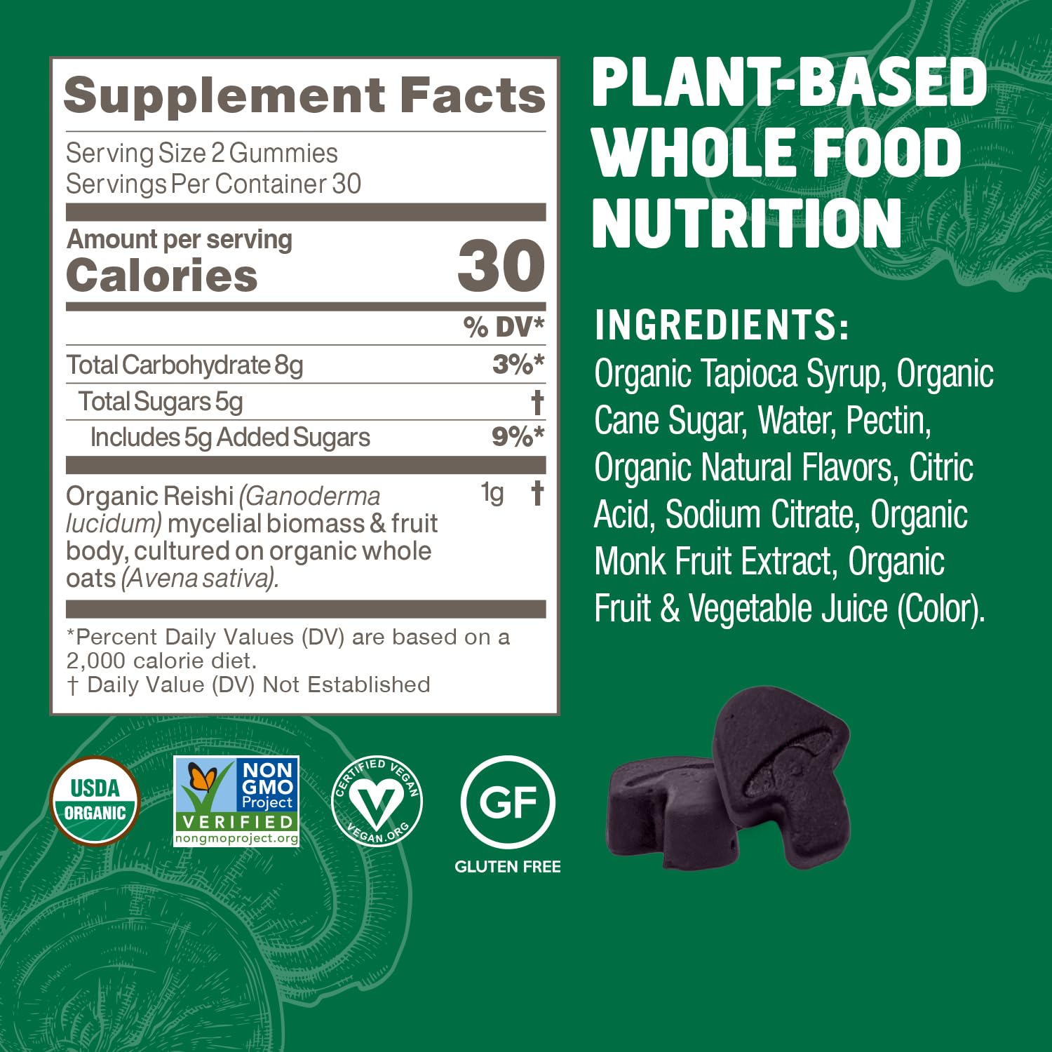 USA grown OM Mushroom Reishi mushrooms highlight organic quality.