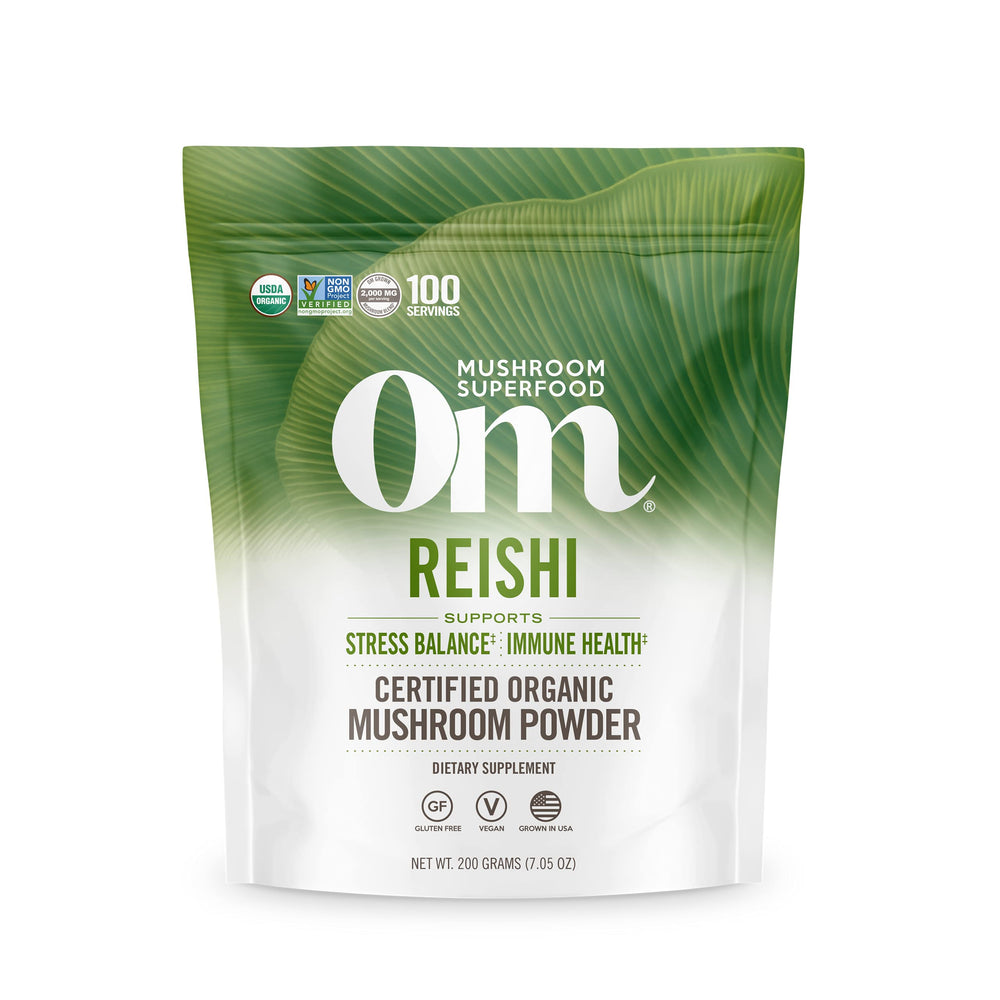 Om Mushroom Superfood Reishi powder packaging for organic convenience and easy dosing