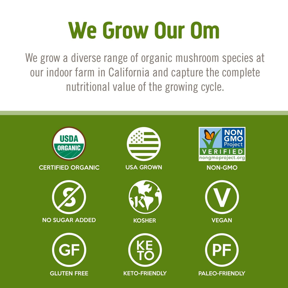Om Mushroom Reishi powder USA-grown batch purity and third-party tested