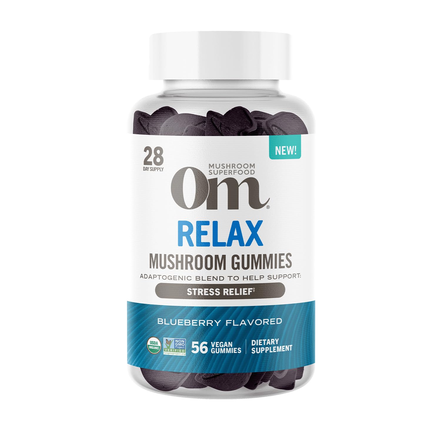 OM MUSHROOM RELAX GUMMIES blueberry bottle—calm mood support