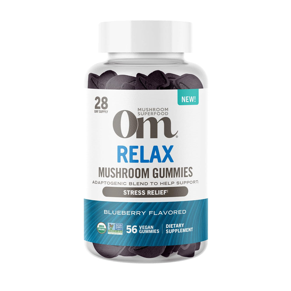 OM MUSHROOM RELAX GUMMIES blueberry bottle—calm mood support