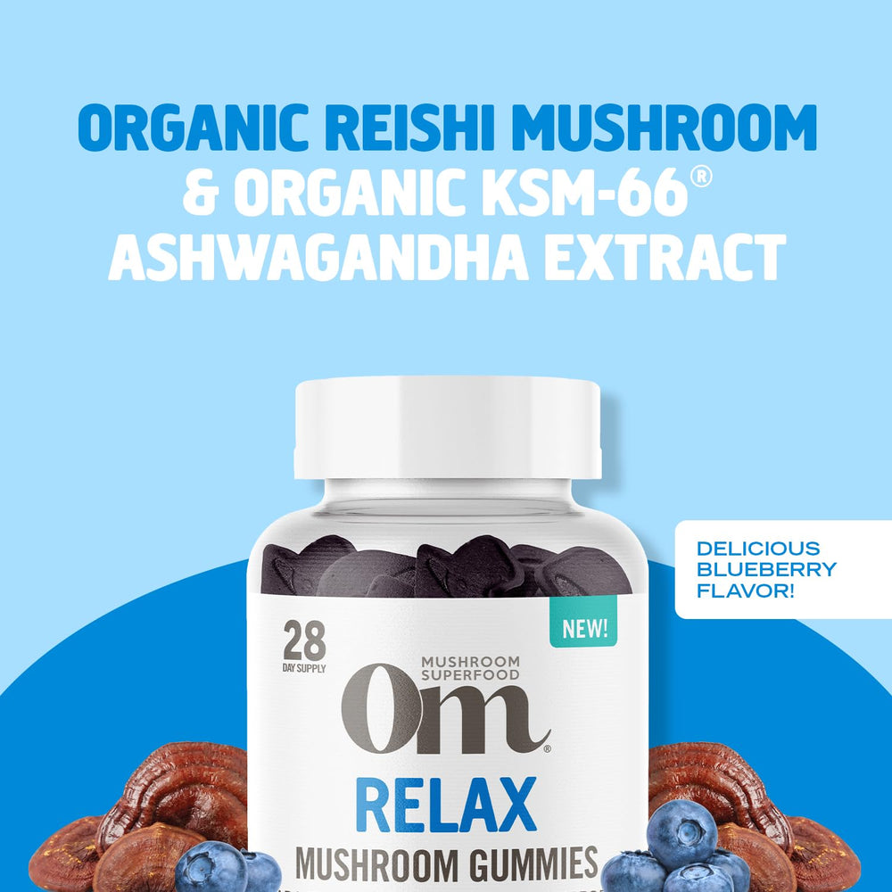 OM MUSHROOM RELAX GUMMIES ingredients panel with Reishi and Ashwagandha