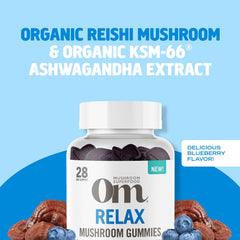 OM MUSHROOM RELAX GUMMIES ingredients panel with Reishi and Ashwagandha