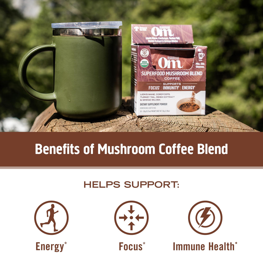 OM Mushroom Superfood shows 2000mg per serving of functional mushrooms for daily productivity.