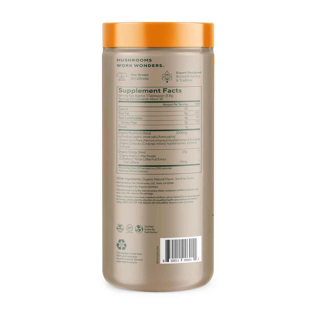 OM Mushroom Superfood canister for 30 servings supports a convenient daily energy and focus routine.